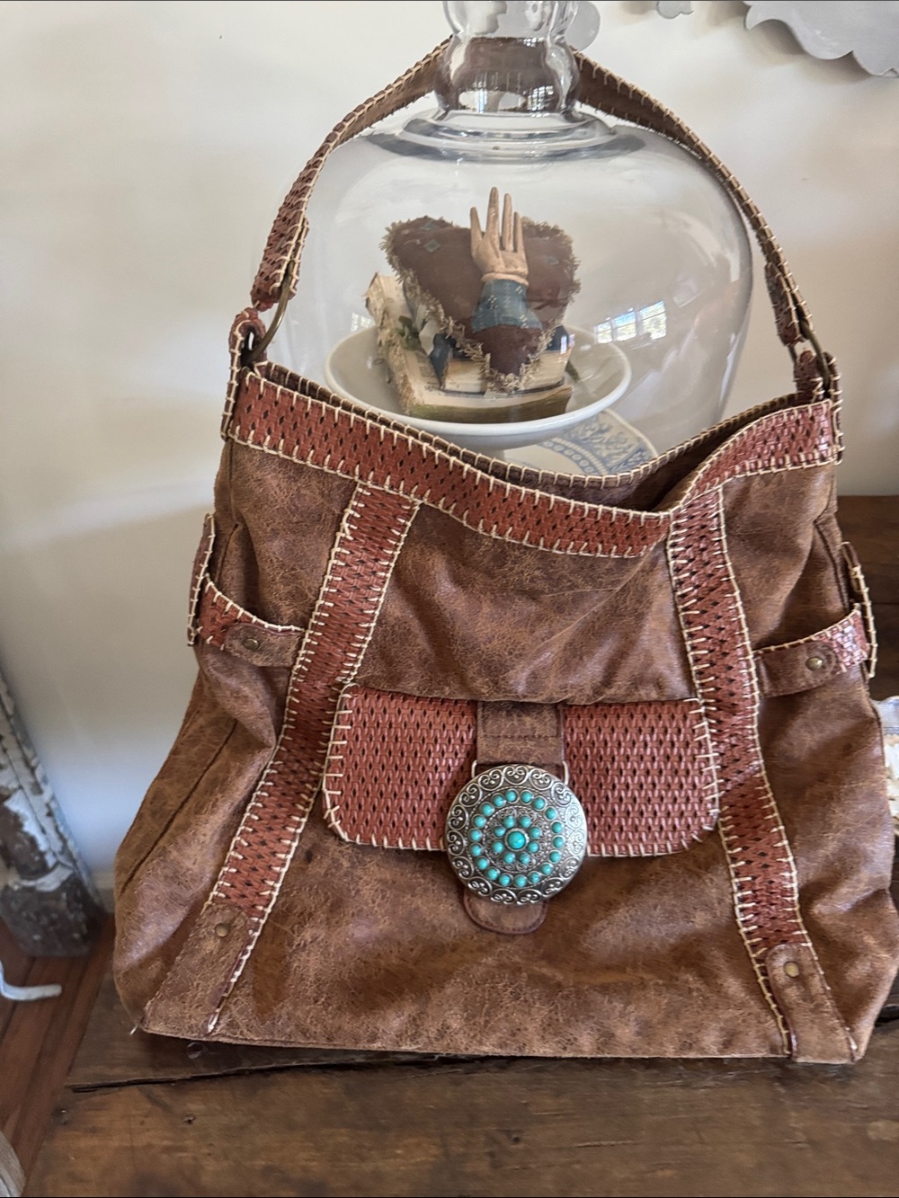 Brown Distressed Shoulder Bag with Turquoise Concho Accent